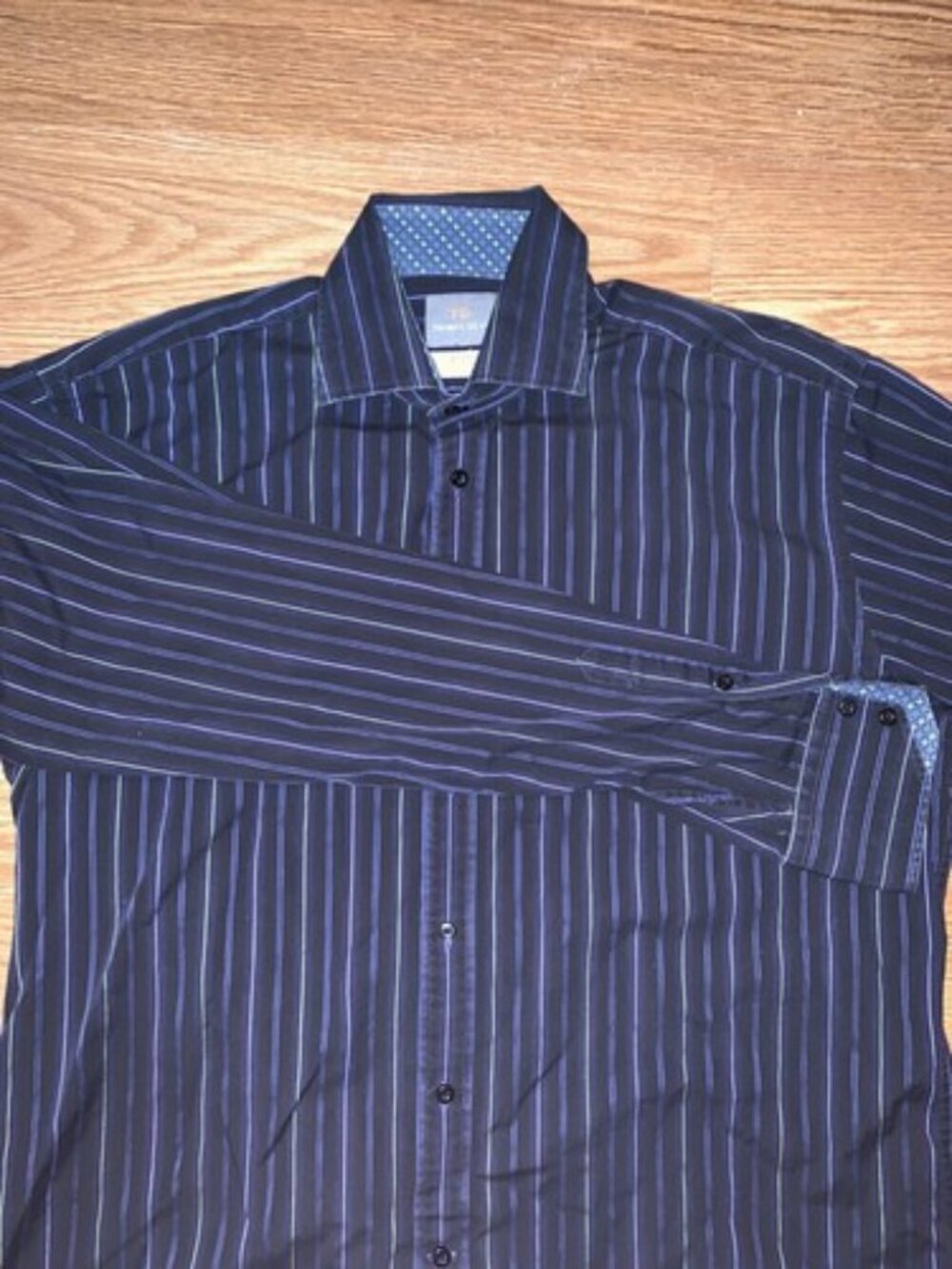 Thomas Dean Mens Long Sleeve Button Down Shirt Size Large Navy Blue Striped